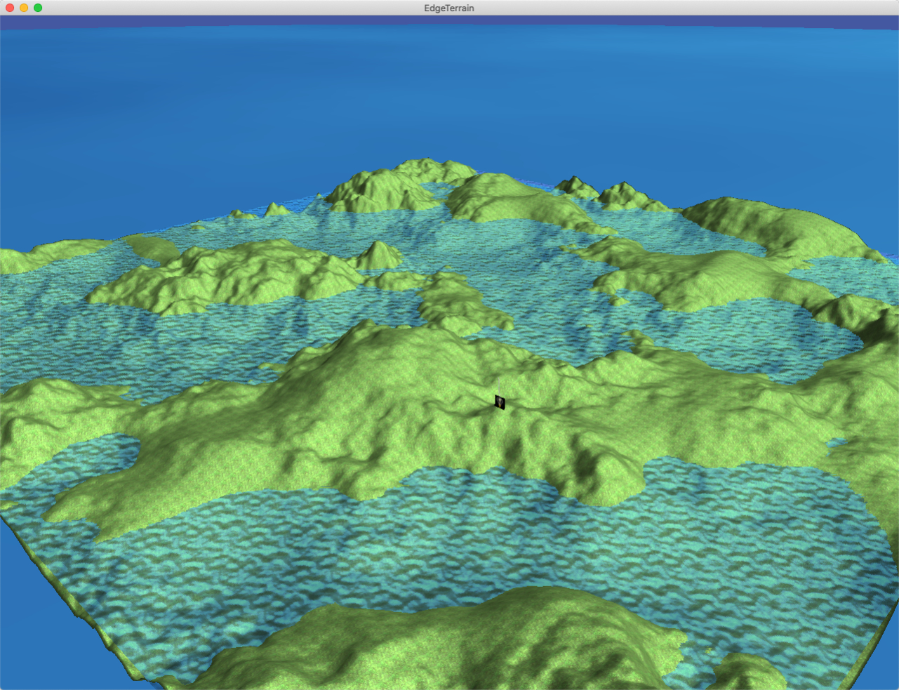 The terrain, though with one texture. The water surface animates (texcoords only), and
        is also normal mapped.